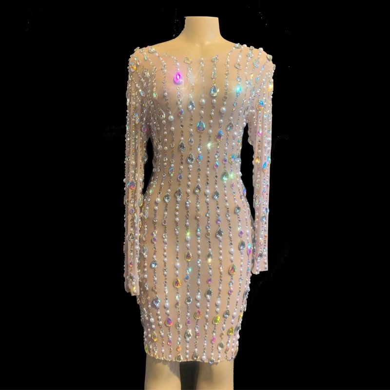 Роскошные сетчатые короткие платья Стразы с жемчужинами и длинным рукавом