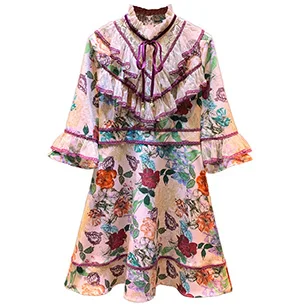 Многоцветный Svoryxiu High End Винтаж Платье с цветочным принтом Для женщин Flare SleeveTiered кружевным гофрированным воротником осень вечерние взлетно-посадочной полосы мини платье vestdios - Цвет: Многоцветный