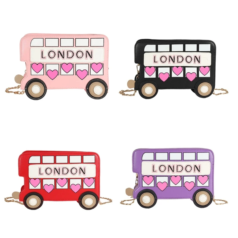 

Cute Bus Shaped Letter Embroidery Crossbody Bag Women Faux Leather Chain Shoulder Bag Stylish Heart Pattern Messenger Handbag