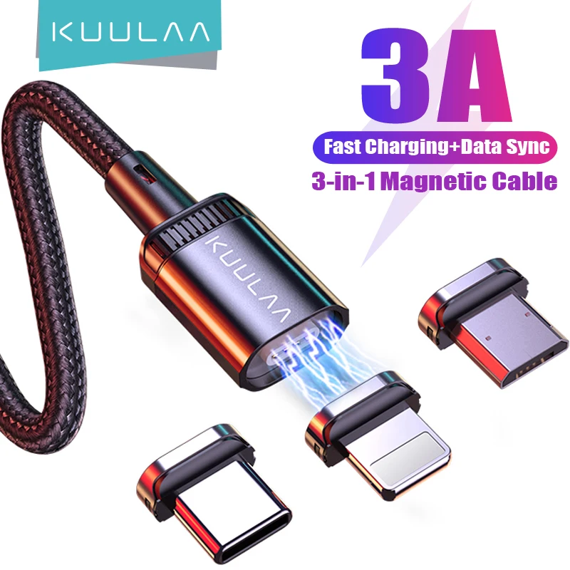 Фото Магнитный USB-кабель KUULAA 3A, зарядное устройство Micro Type c для Iphone 11 Pro, зарядный кабель, шнур, аксессуары для мобильный телефон №1
