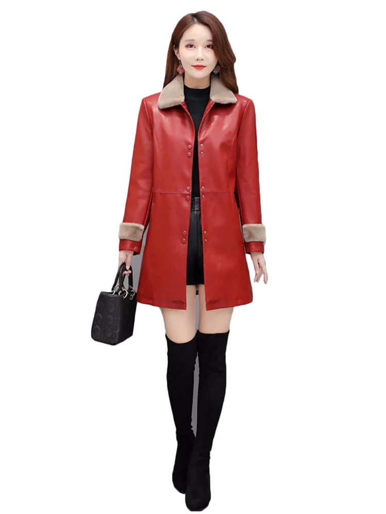 Faux Leather Coat Women 2022 Autumn Winter New Fashion Plus Velvet Thick Warmth Leather Jacket Clothing Female Long Sleeve Red