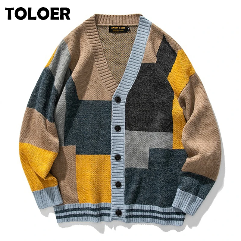 

Men Patchwork Winter Cardigan 2022 Autumn Winter Mens Harajuku Korean Fashion Oversize Knitted Sweater Male Button Coats Women