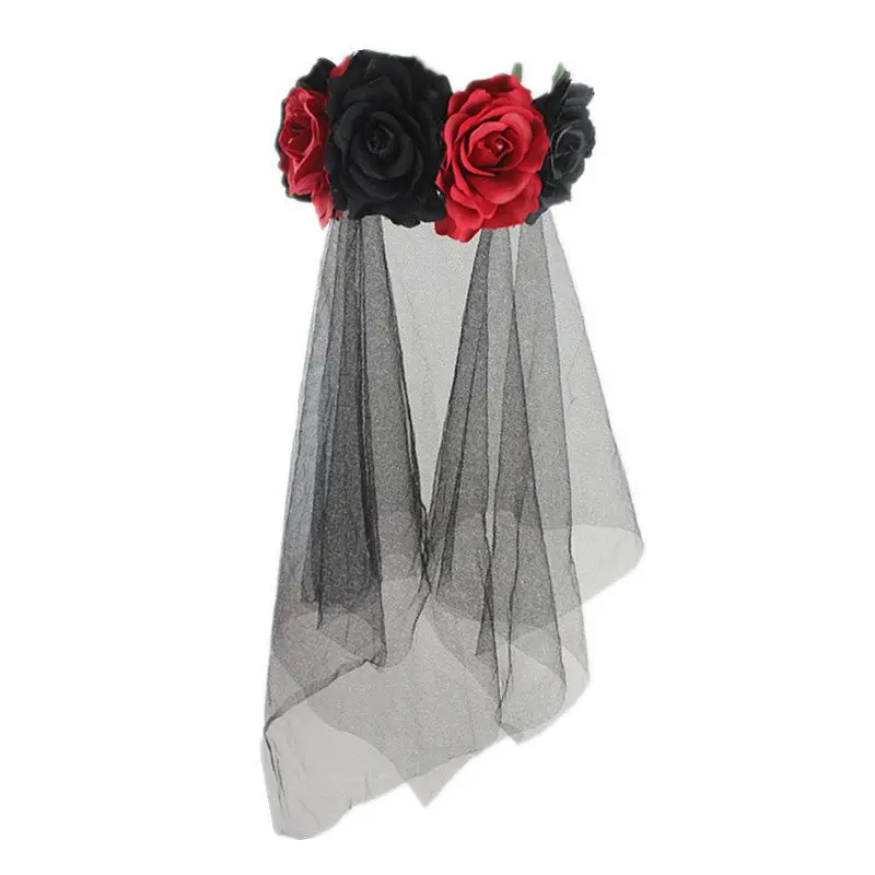 black red Sugarbay День мертвых повязка невесты вуаль маскарадный костюм Хэллоуин головные уборы вечерние аксессуары черный цветок розы повязка для волос - Цвет: black red