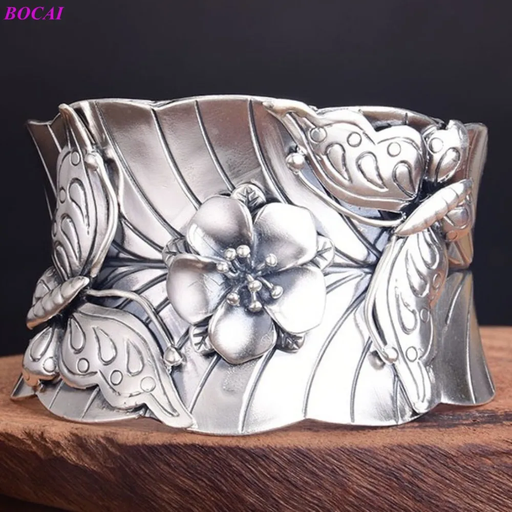 

BOCAI S999 Sterling Silver Bracelet for Women 2022 New Fashion Retro Crafts Butterfly Exaggerated Opening Pure Argentum Bangle