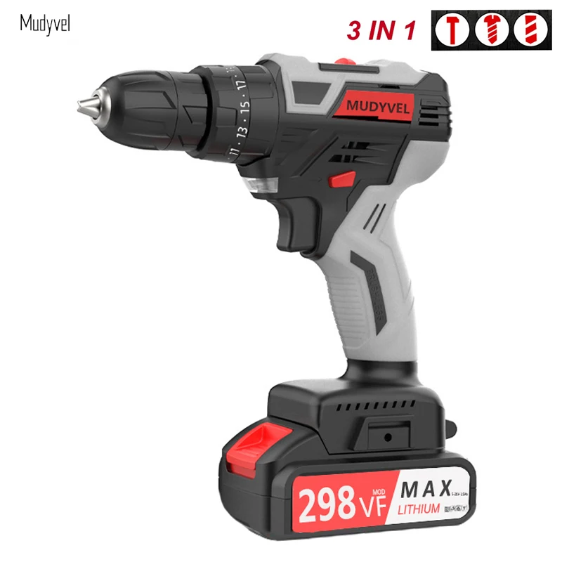 

Electric Cordless Screwdriver 21v 3 in 1 Rotary Tool Brushless Motor With 2 Battery Power Tools 120N/m Impact Drill