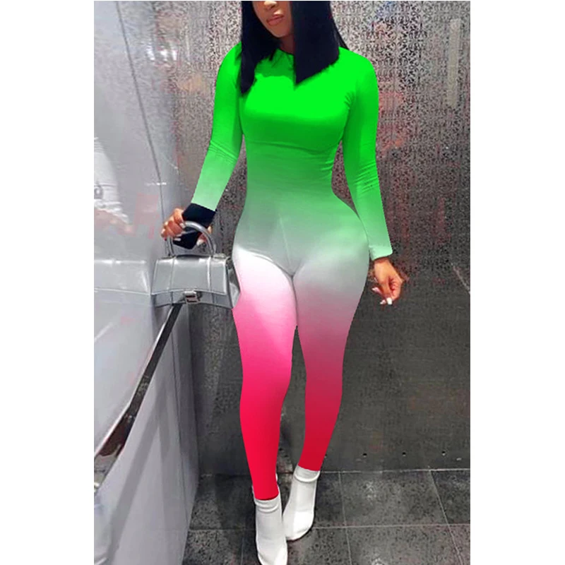 

Sexy Women Color Block Tie Dye Printed Jumpsuit Autumn Spring Bodycon Pleated Jumpsuits Gradient Printing Long Sleeve Overalls
