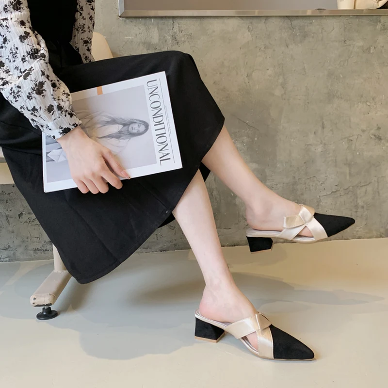 

Square heel Loafers Female Shoes Pointed Toe Slippers Women Summer Slides Med Flock Block 2021 Cover Rome Fabric PU Hoof Heels