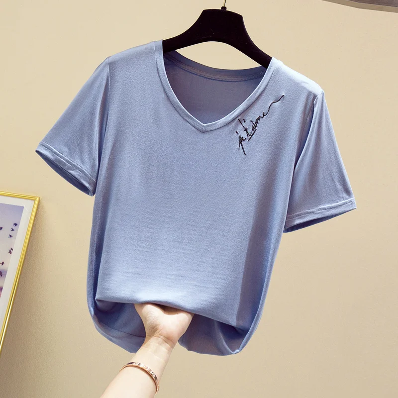 

High Quality Women Short Sleeve V-Neck Cotton T Shirt High-End Embroidery Letter Summer Female Plus Size Fashion Top Tee Loose