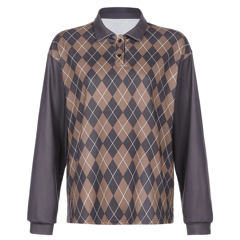 

Diamond Pullovers Women Contrast Loose Casual Sweatshirts 2021 Spring Autumn New Fashion Brown Vintage Cottagecore Pullovers
