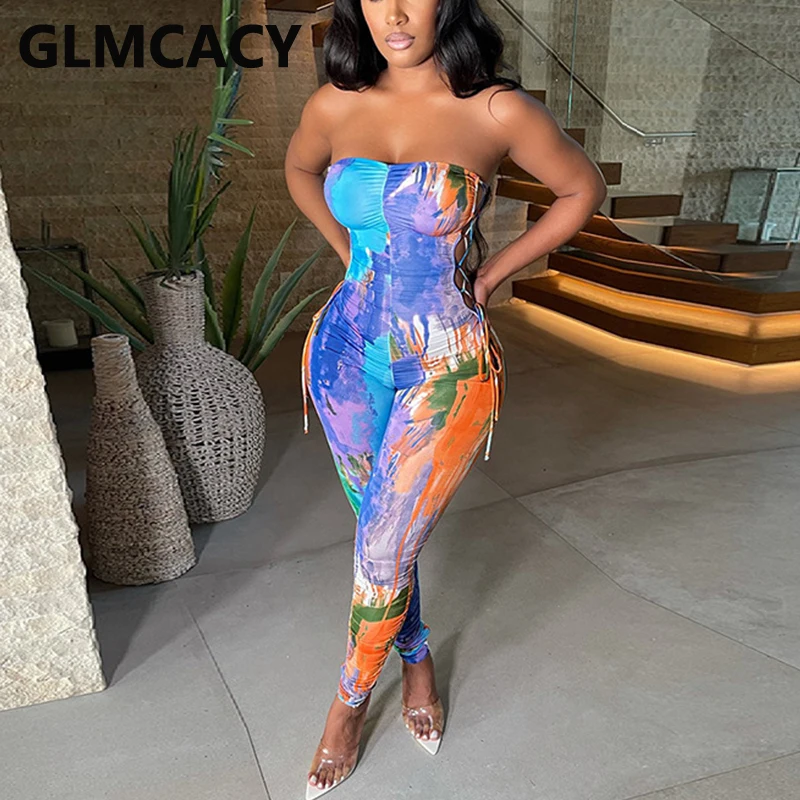 

Abstract Printed Tube Jumpsuit Lace Up Skinny Chic Overalls