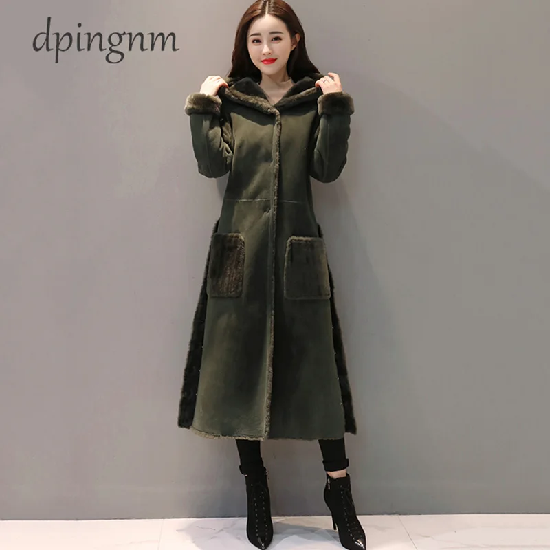 Женское пальто из искусственной кожи и овечьей шерсти длинное плотное теплое