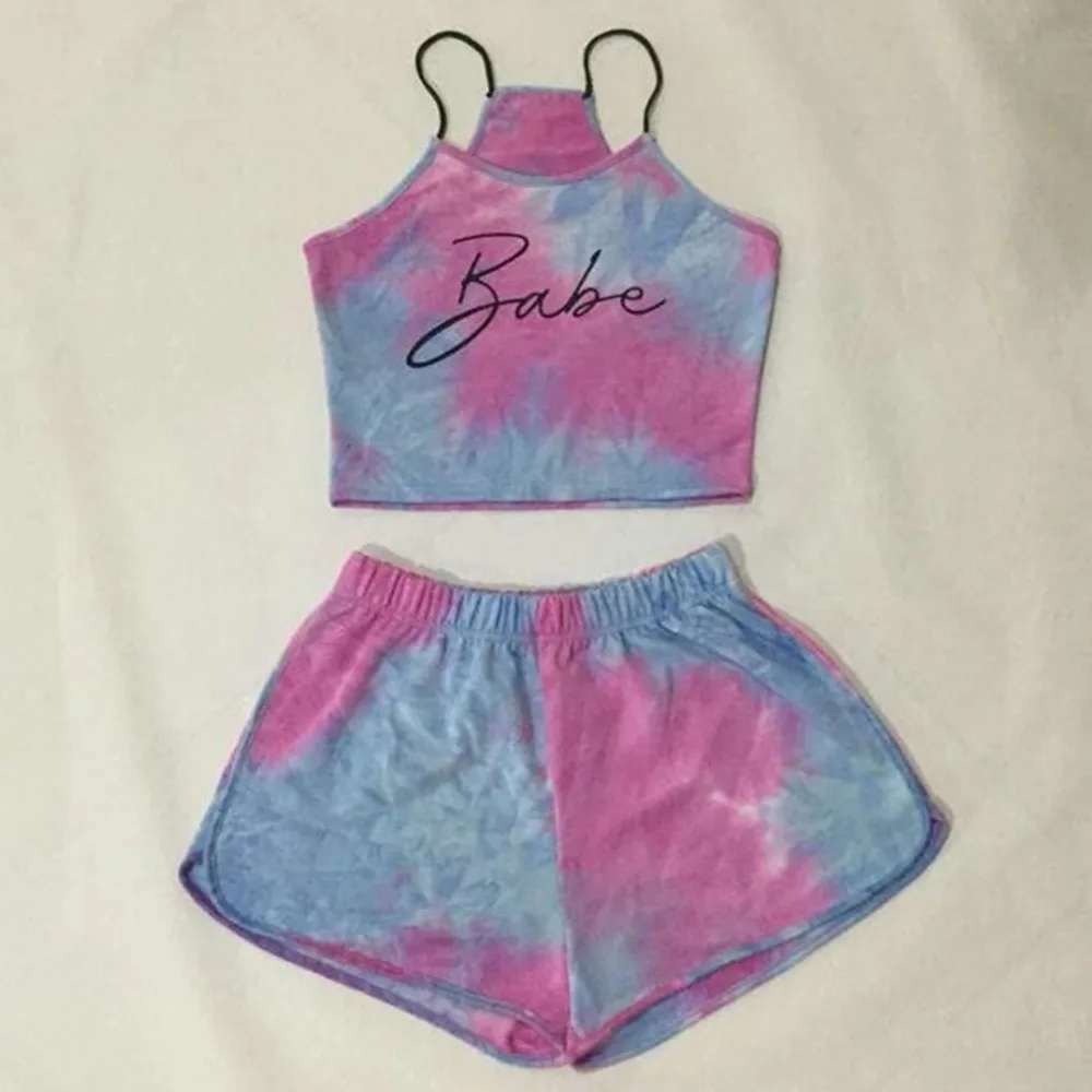 

Lugentolo Womens Sweatsuit Tie-dye Alphabet Print Sling Top Short Pants Elastic Waist Summer Casual Fashion 2piece Set Women