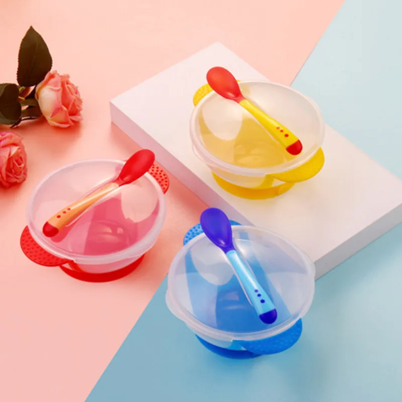 

2Pcs/Set Silicone Baby Feeding Bowl With Temperature Sensing Spoon Kid NonSlip Learning Tableware Dishes Dinnerware Set BPA Free