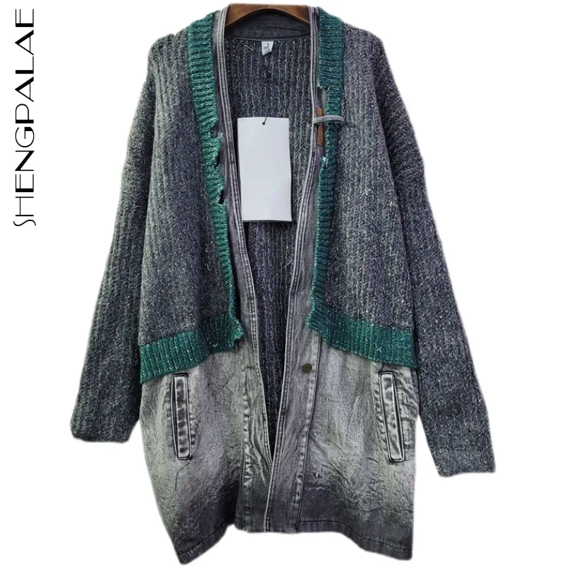 

SHENGPALAE модный шикарный вязаный кардиган в стиле пэчворк, женский зимний 2021 Новый однобортный свитер с большими карманами и длинным рукавом, ...
