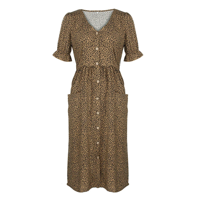 

Casual Women Printed Floral Short Sleeve Dress Summer Button High Waist V-neck A-line Ladies Sexy Holiday Banquet Dress