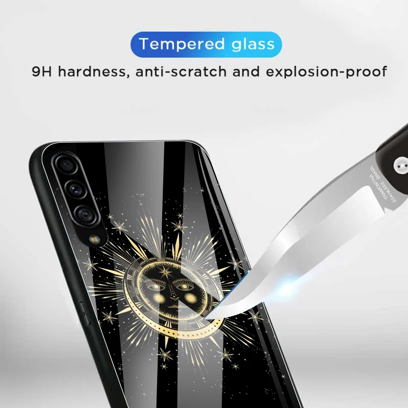 

Fashion Sun And Moon Face Fitted Tempered Glass Phone Case for Samsung A51 A50 A71 A70 A91 A10 Funda for M21 M31 M51 Cover Coque