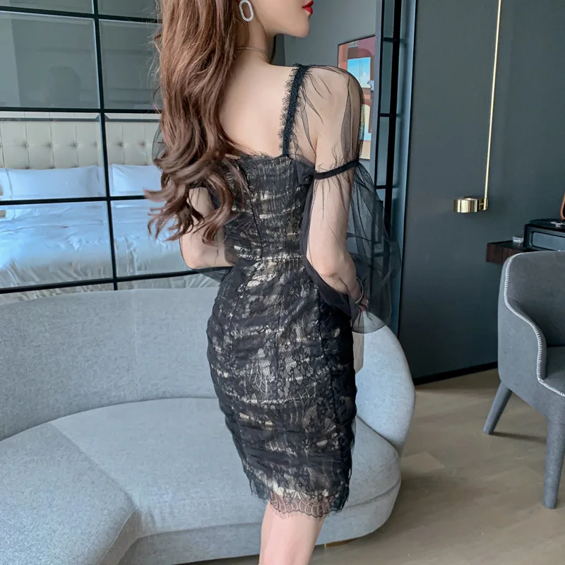 

2021 Autumn Dress New Careful Machine Feminine Little Black Dress Sexy Mesh Stitched Lace Slim Dress