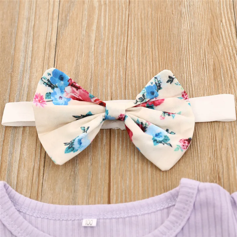 

Summer Newborn Baby Girl Clothes Set Solid Fly Sleeve Romper Tops Floral Print Bow Shorts Headbands 3Pcs Infant Outfits Baby Set