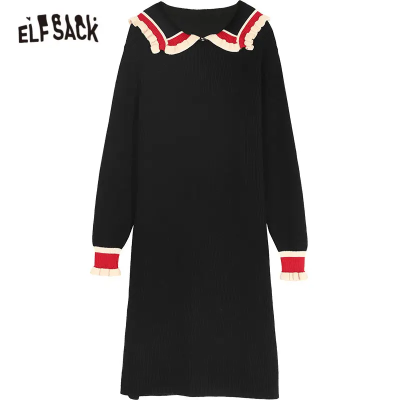 Женское трикотажное платье ELFSACK черное однотонное с оборками в стиле пэчворк