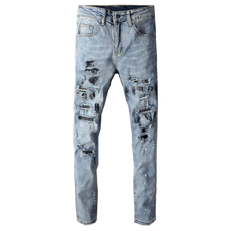 American Street Fashion Men Jeans Retro Blue Slim Fit Destroyed Ripped Jeans Men Beading Painted Designer Hip Hop Punk Pants