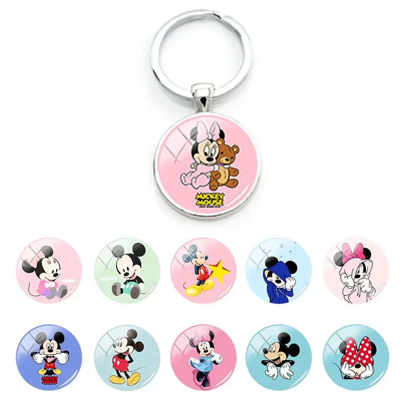 

Disney Mickey Mouse Minnie Pattern Bag Car Anime Key Chain Ring Pendant Glass Cabochon Keychains Unisex Jewelry Hot Sale DSY235