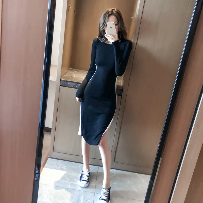 

temperament high waist side slit sexy hip dress Office Lady Sheath Knee-Length 2020 autumn fashion