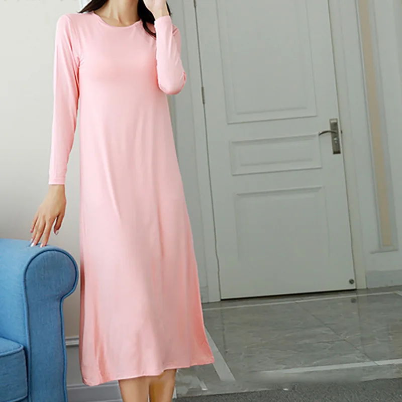 

Nightdress with Chest Pad Solid Color Loose Comfortable Long Sleeve Home Pajamas o Neck Long Night Dress Women Casual Clothes
