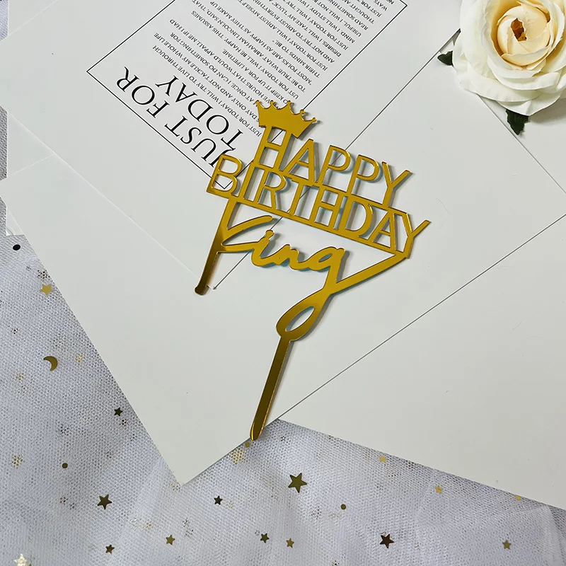 

New Acrylic Happy Birthday Cake Toppers Golden Crown Letters Baking Cupcake Toppers for Birthday Party Cake Decorations Supplies