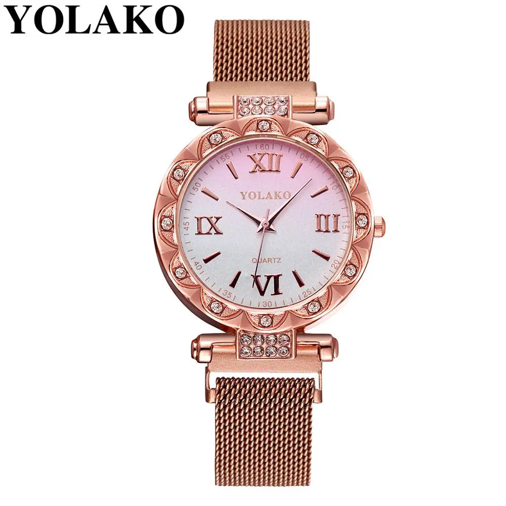 

YOLAKO Watches Stainless Steel Band Women Magnet Buckle Gradient Roma Dial Watch Analog Quartz Wrist Watch clock saat Gift Q