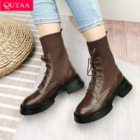 qutaa 2022 ankle boots square heel lace up knitting women shoes autumn winter round toe fashion platform leather boots 34 43