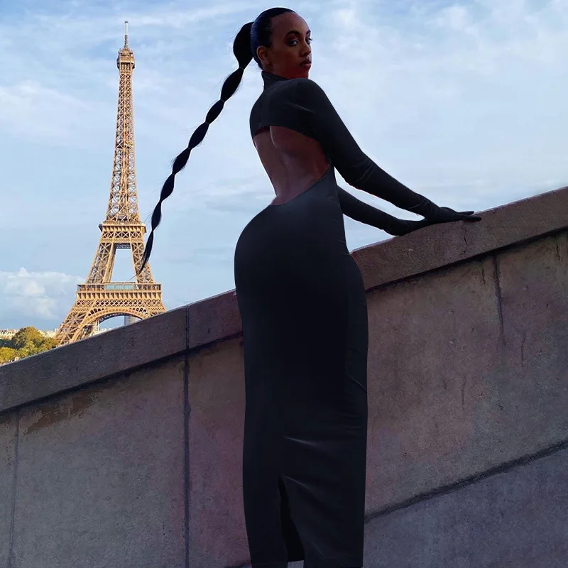 

Zoulv Round Neck Party Sexy Backless High Collar Long Sleeve Suede Drawstring Long Elegant Lady Dress Female Spring and Autumn