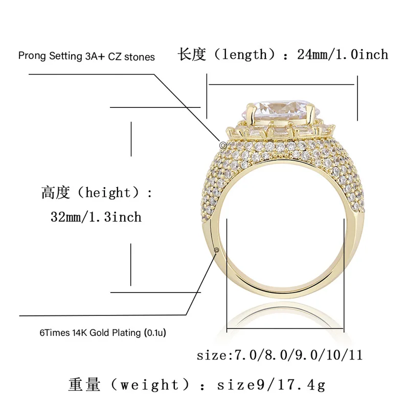 

Luxury Big Zircon Ring Hip Hop Ring for Men and Women Rings Micro-Studded Zircon Ring Iced Out Hip Hop Ring