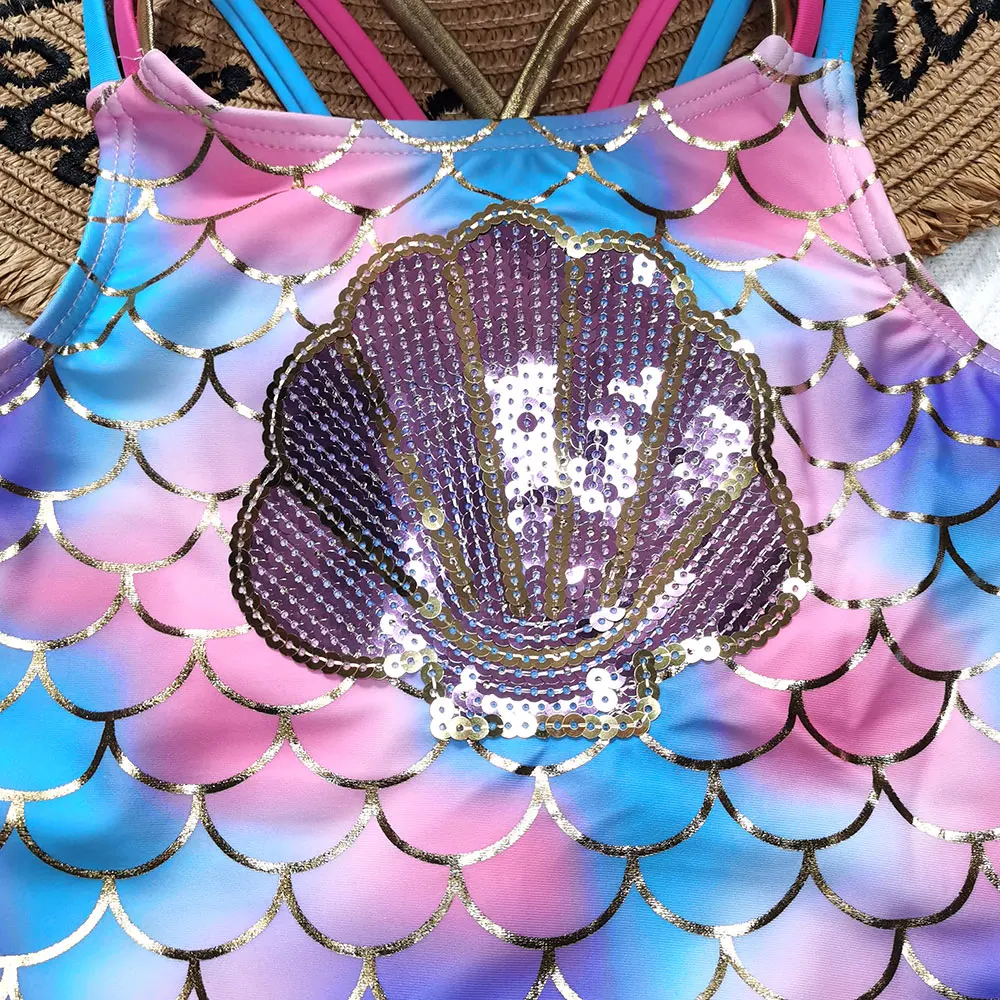 Женский слитный купальник с ракушками-фестонами и блестками детский пляжная