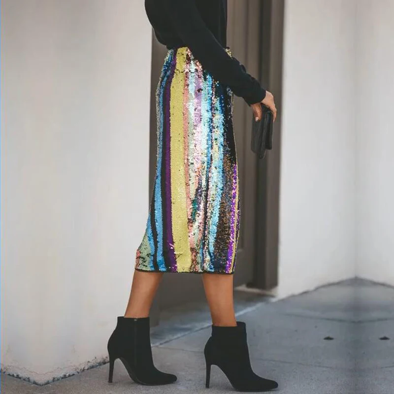 Для женщин Красочные юбки с пайетками для высокой талией Bodycon блестками женские