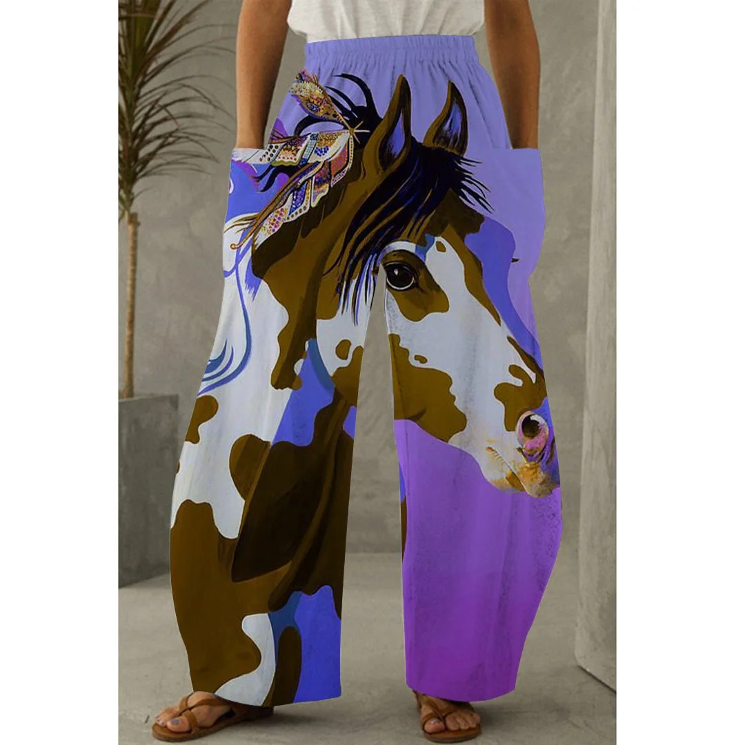

Summer Autumn Horse Print Pants Loose Long Trousers Baggy Pantalon Women Elastic Waist Retro Print Lantern Oversized Girls Pants