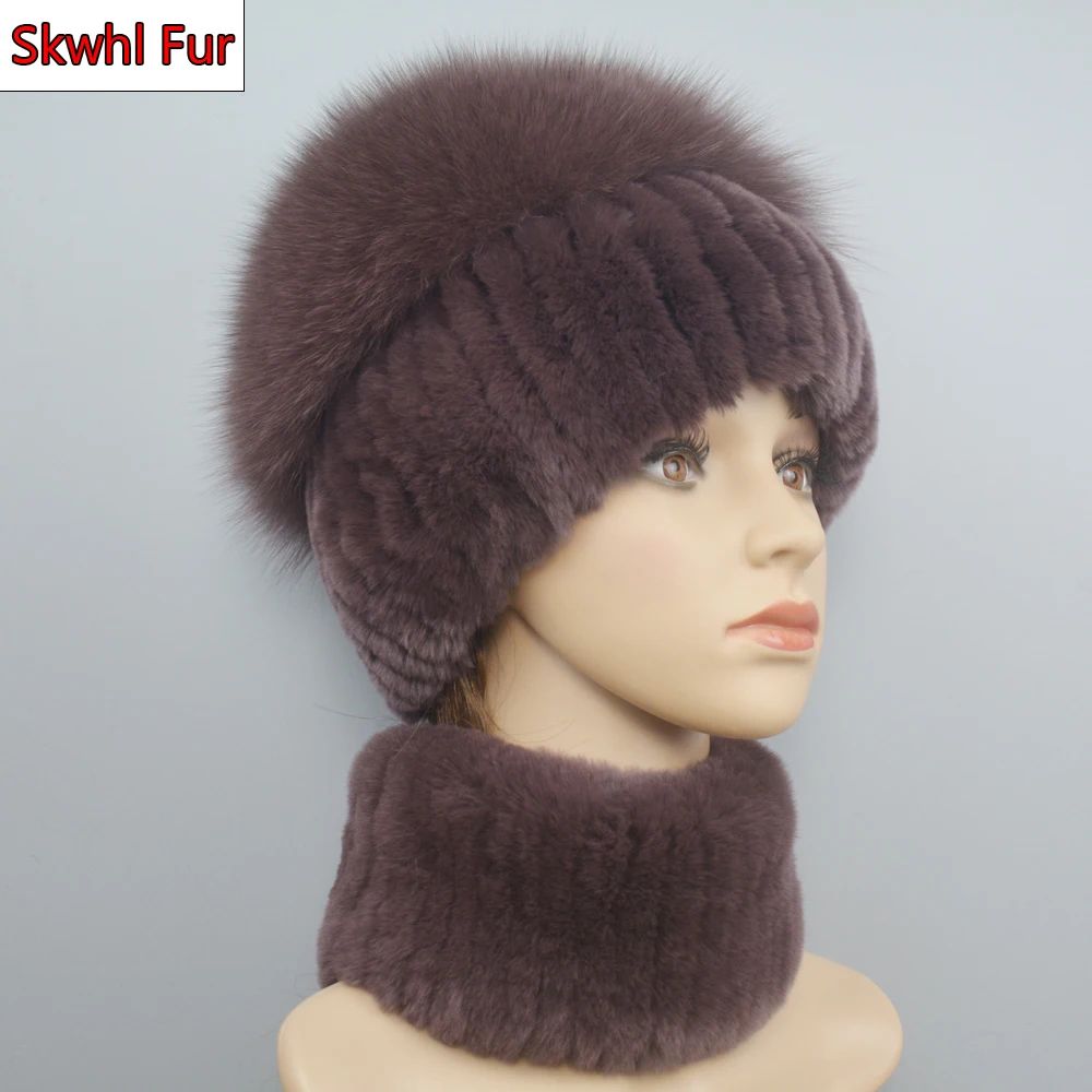 

New Women Winter Luxury Real Rex Rabbit Fur Hat Scarf 2 Pieces Knitted Rex Rabbit Fur Hat Top Natural Fox Fur Cap Scarves Sets