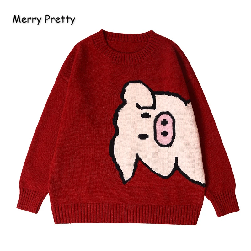 Женский вязаный свитер MERRY PRETTY с вышивкой свинки из мультфильма красный длинным