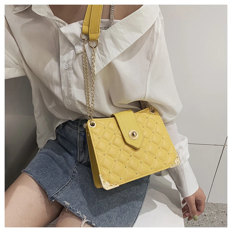 

LILY QUEEN Women Plaid Mini Crossbody Messenger Bag Chain Rivet Solid PU Flap Shoulder Bags