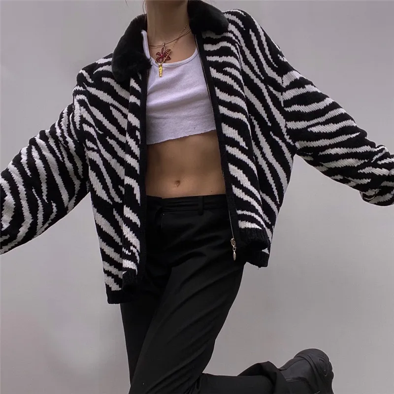 Модный женский вязаный кардиган с принтом зебры женские вязаные топы