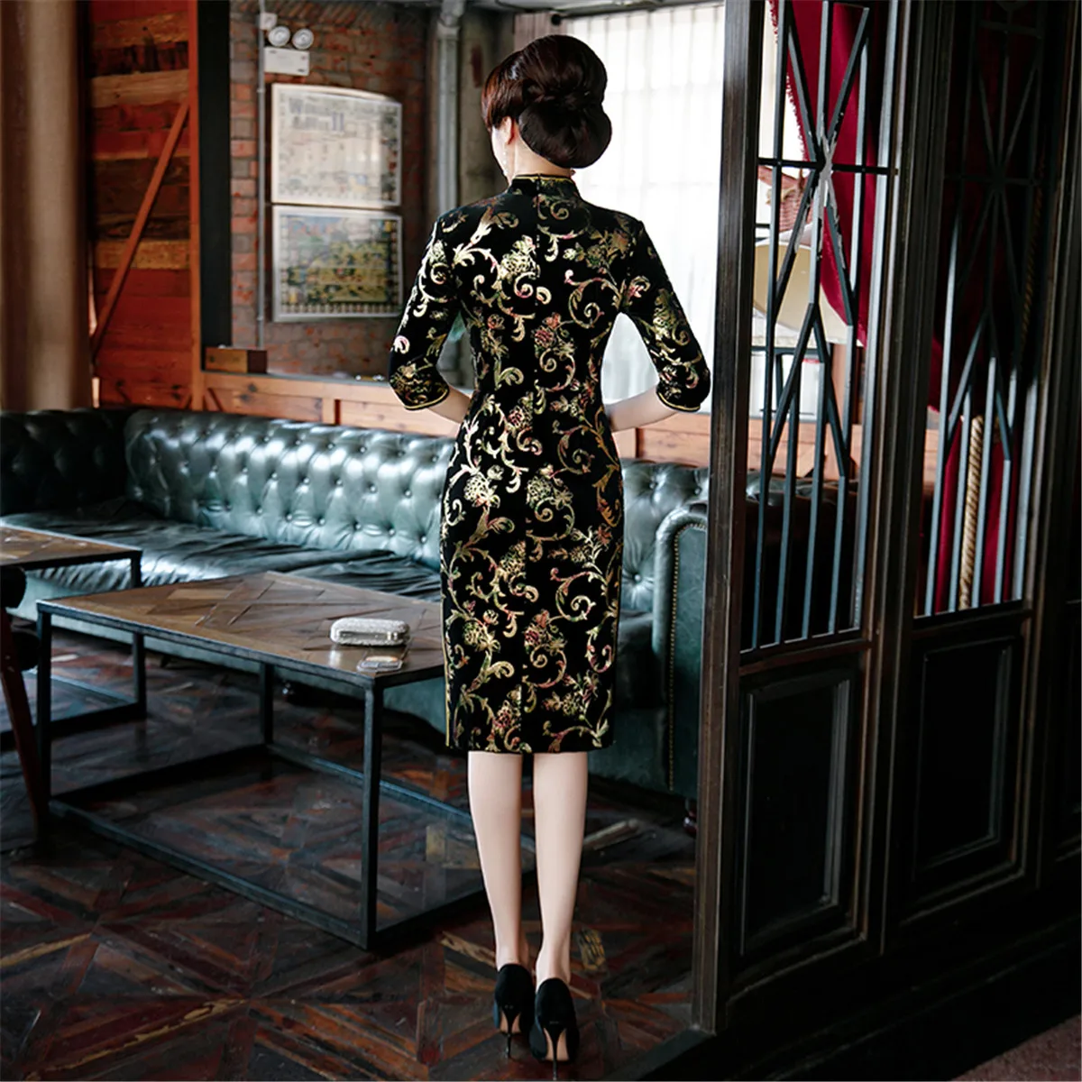 Shanghai Story chinese traditional dress Half Sleeve Knee Length Velvet Qipao for Women Beaded Lace cheongsam 3 Color | Тематическая