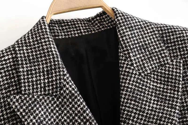 England women blazer elegant office lady Houndstooth Za blazer women outwear long sleeve double breasted female jacket blazer