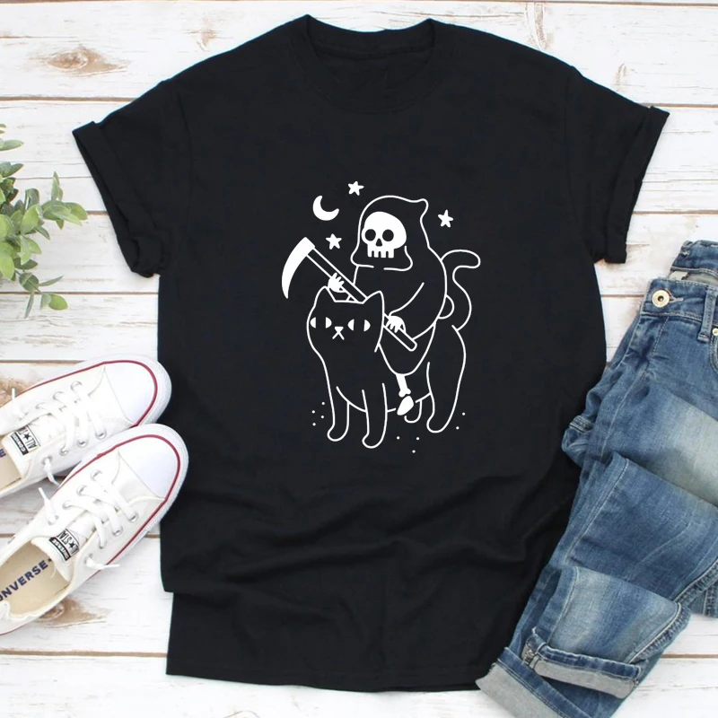 

Funny Women Short Sleeve Graphic Goth Tee Shirt Top Death Rides A Black Cat T-shirt Scary Grim Reaper Hippie Tshirt