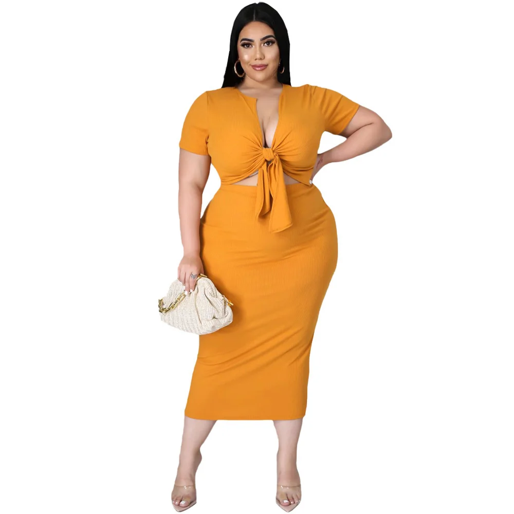 

Lace Up Crop Top Women Set Solid Two Piece Midi Skirt Set Summer Party Sexy Pencil Slim Short Sleeve Skirt Set For Women