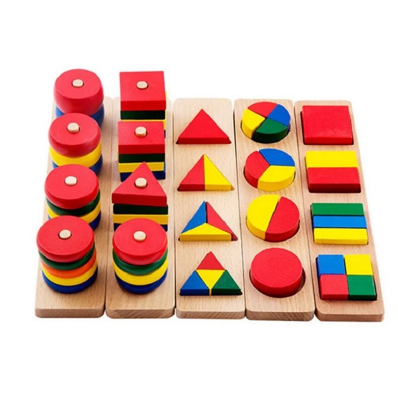 

Wooden Geometric Shapes Stacking Rings Fractions Boards 8 in 1 Set Puzzles Shape Sorter Toy Montessori Educational Learning Toys