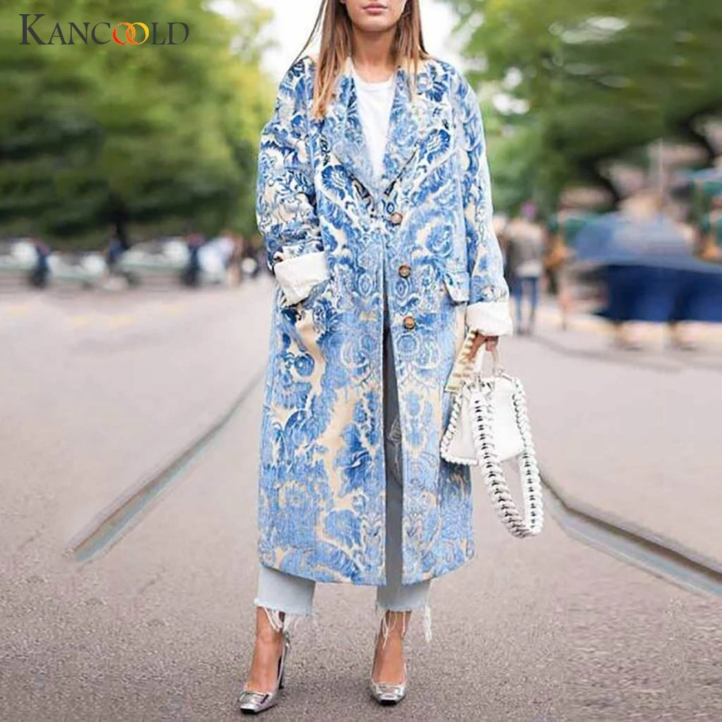 KANCOOLD New Fashion Women's Winter Button Lapel Print Long Sleeve Pocket Casual Overcoat Streetwear Blouse Coat |