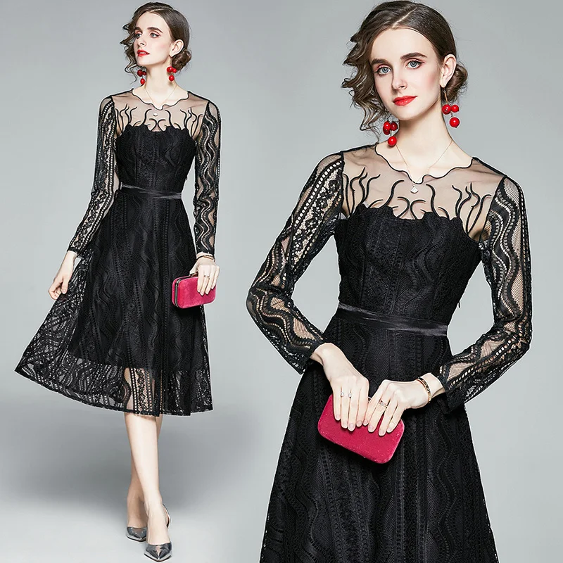 

New Elegant Vintage Fashion Women Mesh Lace Slim Tunic High Waist Evening Party Dress Lady Long Sleeve Big Swing Maxi Dresses
