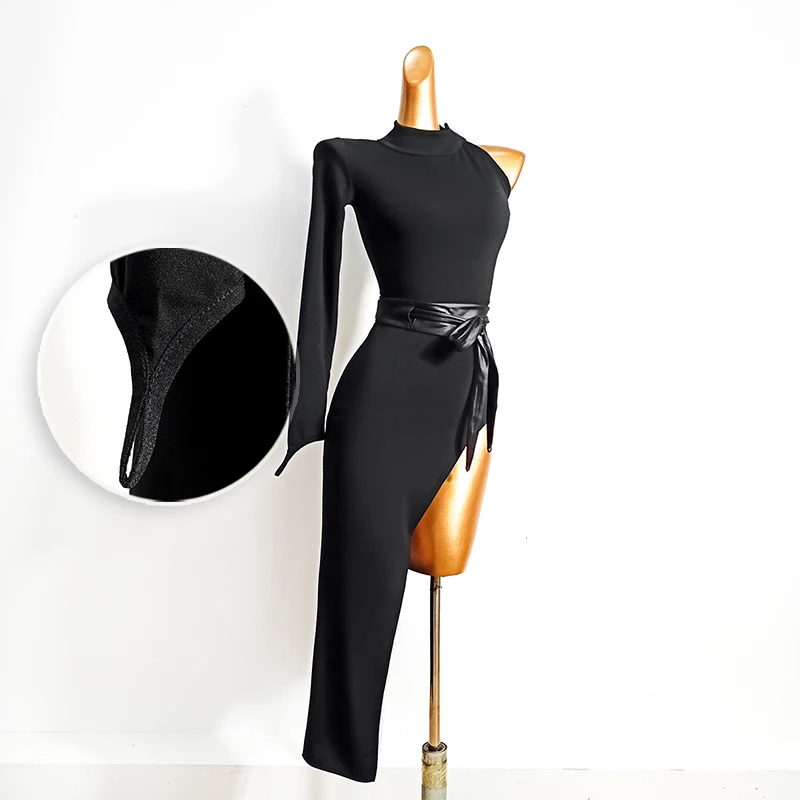 Платье для латиноамериканских танцев черное с длинным рукавом разрезом юбка