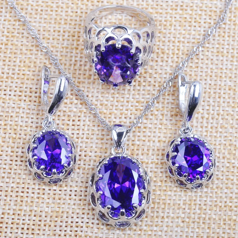 

Natural Purple Crystal Jewelry Sets Women's Wedding Gifts Feminia Fashion Jewellry Pendant Necklace And Earrings Ring Set TZ0166