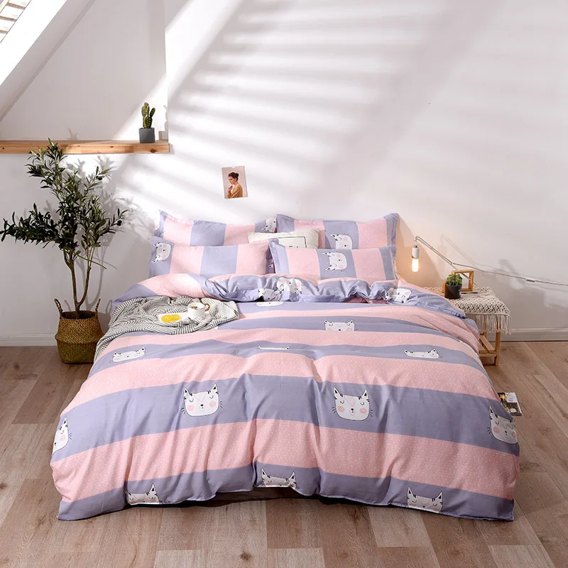 

Purple Cat Stripes Youthful Style Home Textile Duvet Cover Bed Sheet Pillow Case Single Double Queen King For Home Bedding Set