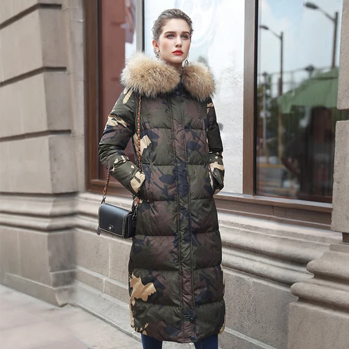 Camouflage Tcyeek Winter Coat Women Clothes Streetwear X-long Duck Down Jacket Female Ladies Thick Warm Jacket+raccoon Fur Hooded 5203 - Color: Camouflage